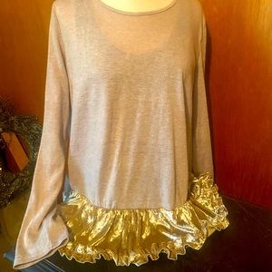 ENTRO WOMENS LARGE BEIGE BLOUSE WITH RUFFLES AND BOW